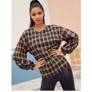 Shirred Cuff Lantern Sleeve Curved Hem Tartan Top
